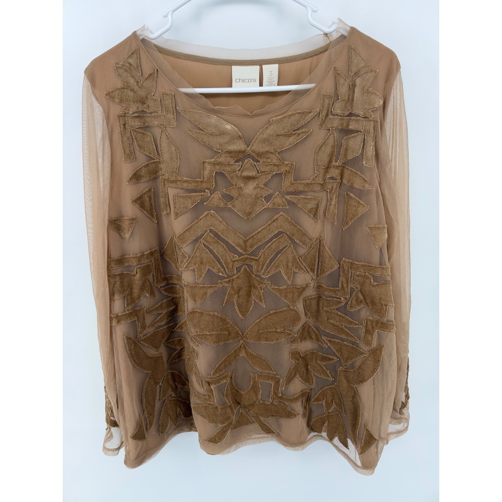 Chico's Art Deco Tan Velvet Burnout Top Sheer Mesh Long Sleeve 3 (XL 16) Boho